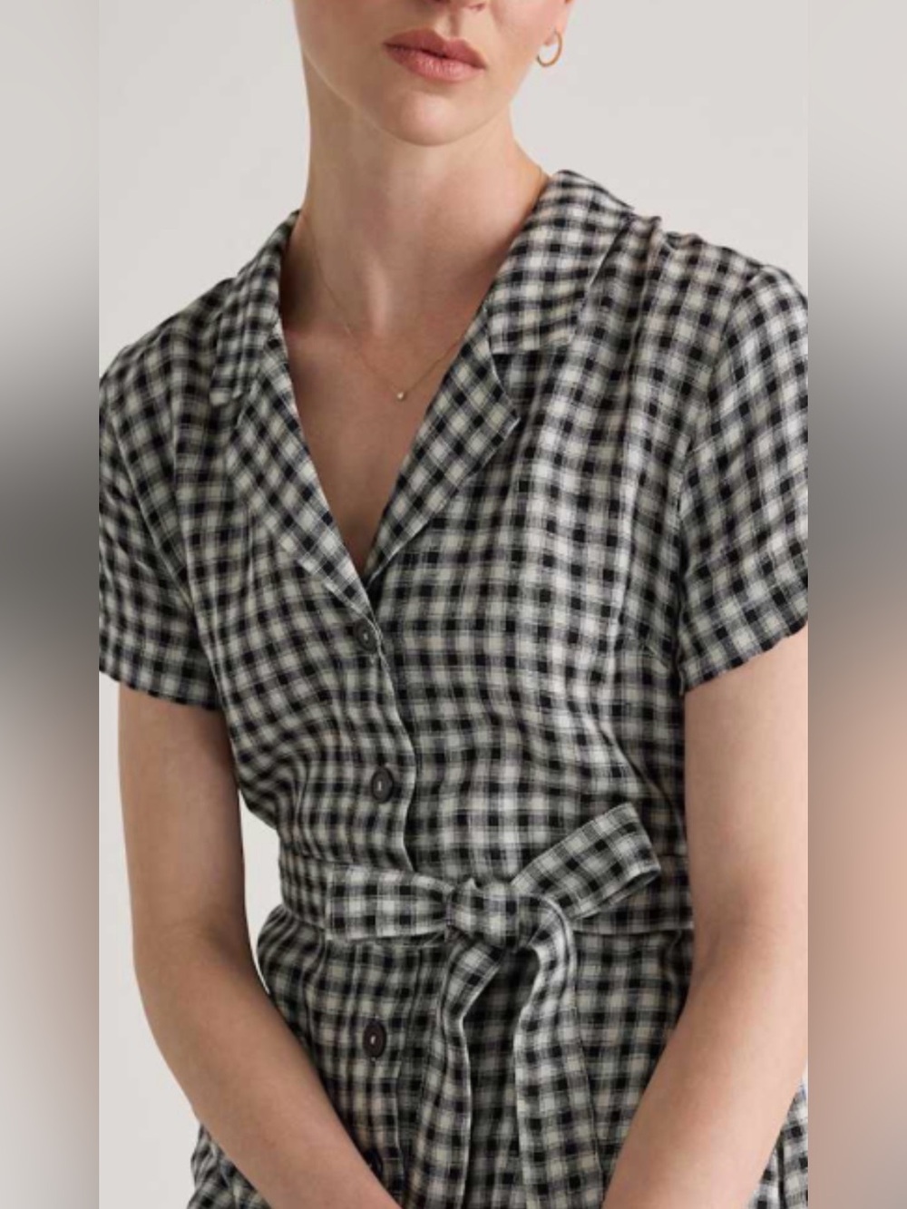 Quince 100% European Linen Button Front Dress black white gingham fall plaid  M
